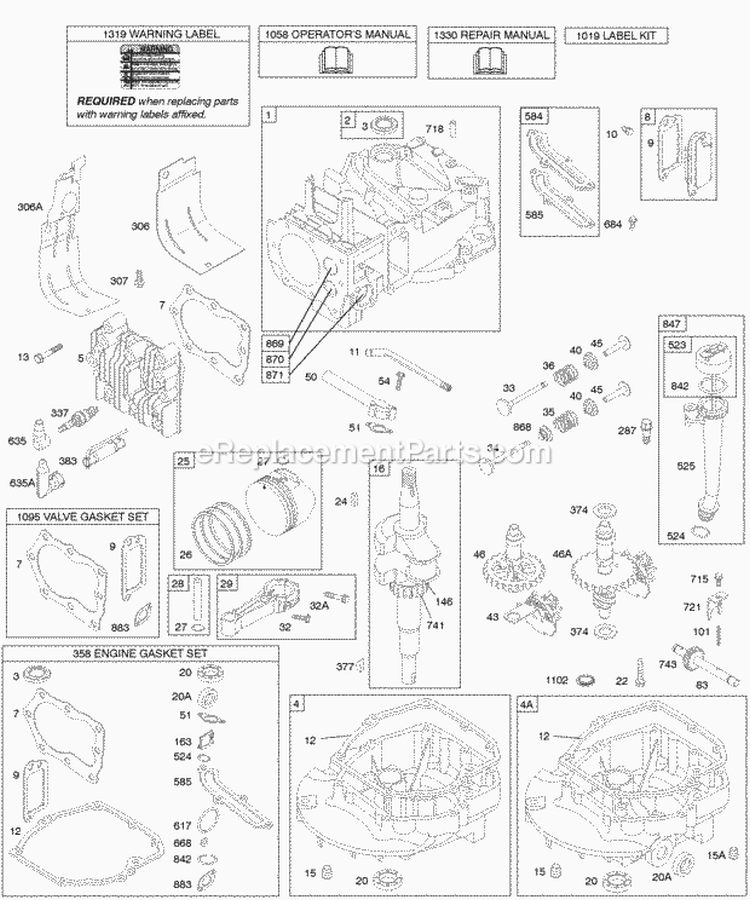 Cams Crankshaft Cylinder Engine Sump KitGaskets Lubrication Piston Group Valves Diagram and Parts List for 12F802-1788-B1  Briggs and Stratton Engine